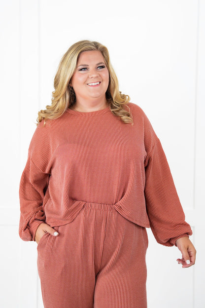 Ribbed Long Sleeve Round Top With Elastic Waistband Lounge Pant Set (Multiple Colors)
