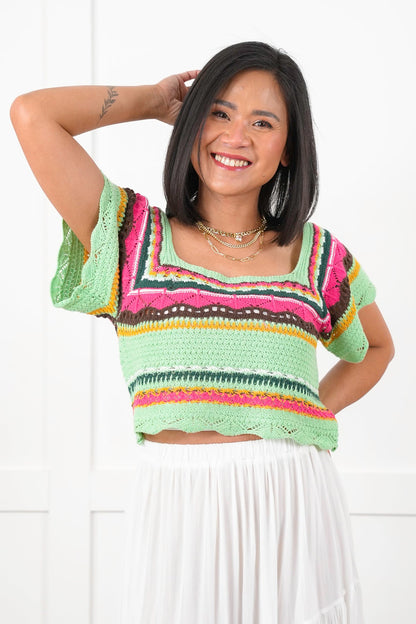 POL Multi Stripe Short Sleeve Square Neck Crop Sweater Top