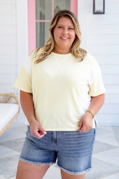 Plus/Reg Color Block Short Sleeve Round Neck Top With Side Slit
