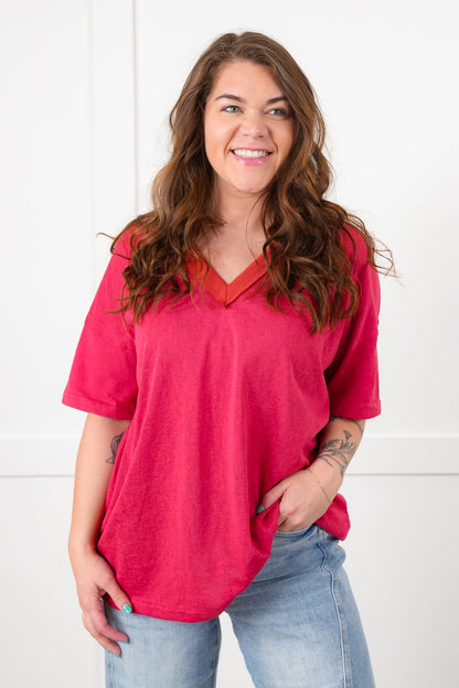 POL Stone Wash Short Sleeve V-Neck Top