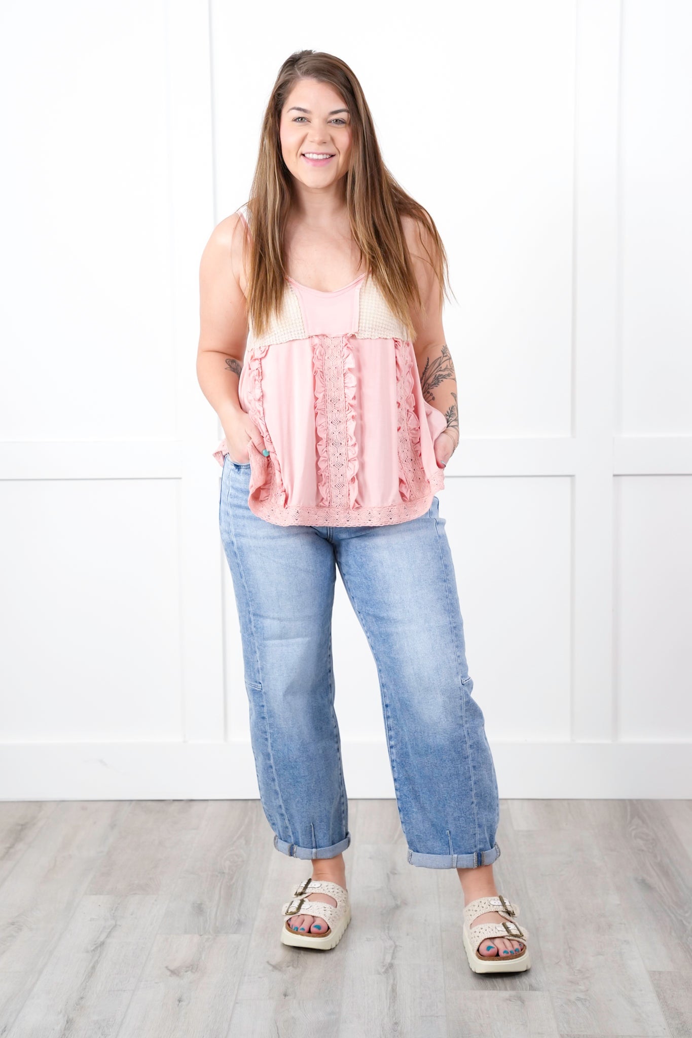 POL Sleeveless V Neck Knit Top with Ruffle Detail