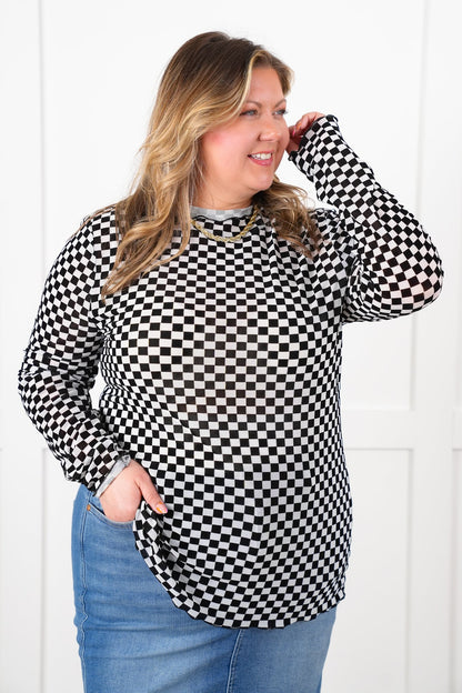 Plus/Reg Checkered Long Sleeve Mock Neck Mesh Top