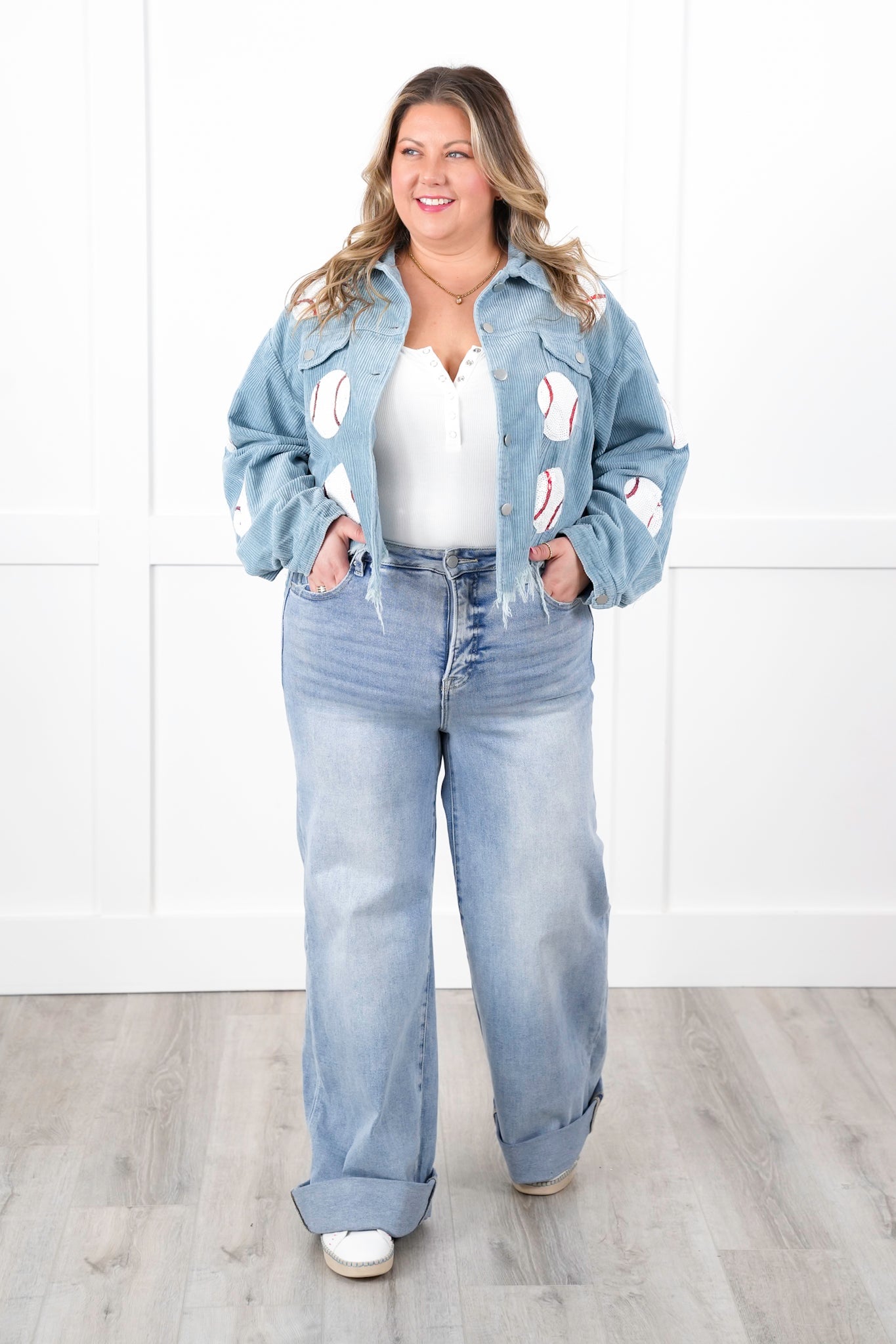Vintage Wash Corduroy Jacket with Sequin Baseball Patch Detail