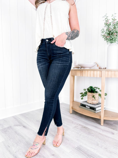 Judy Blue Dark Wash High Rise Side Slit Raw Hem Skinny Jeans