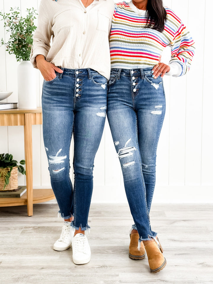 Vervet Parkside Medium Wash Distressed Button Down Skinny Jeans with Raw Ankle Hem