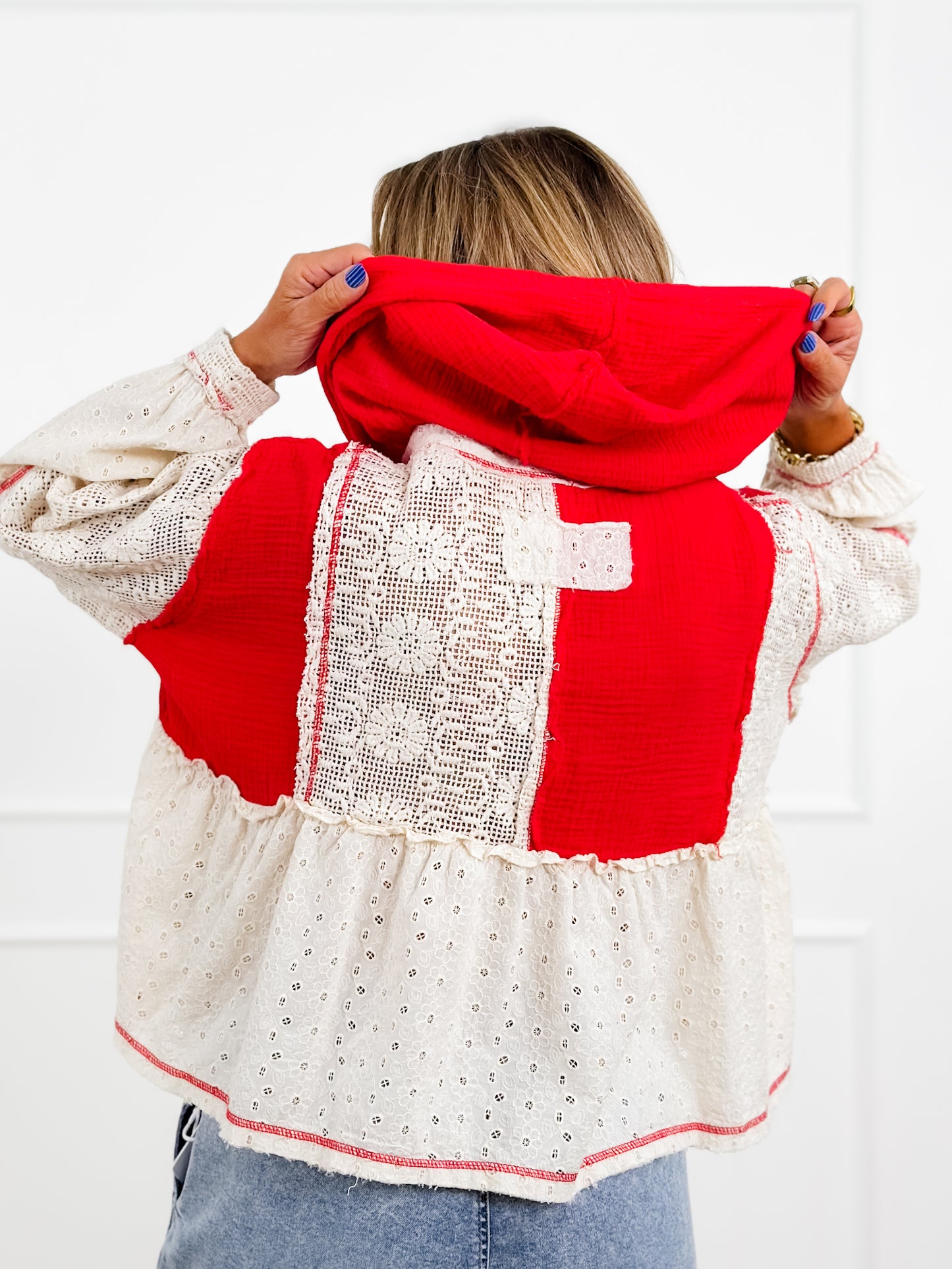 POL Crochet Long Sleeve V Neck Hoodie Top