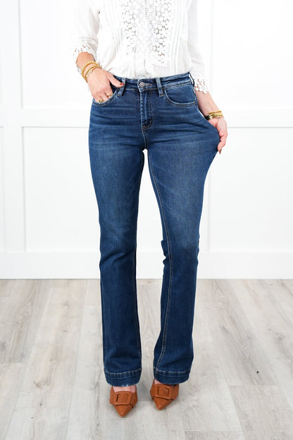 Vervet High Rise Dark Wash Trouser Hem Bootcut Jeans