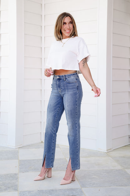 Judy Blue High Rise Medium Vintage Wash Straight Leg Jeans with Front Seam and Slit