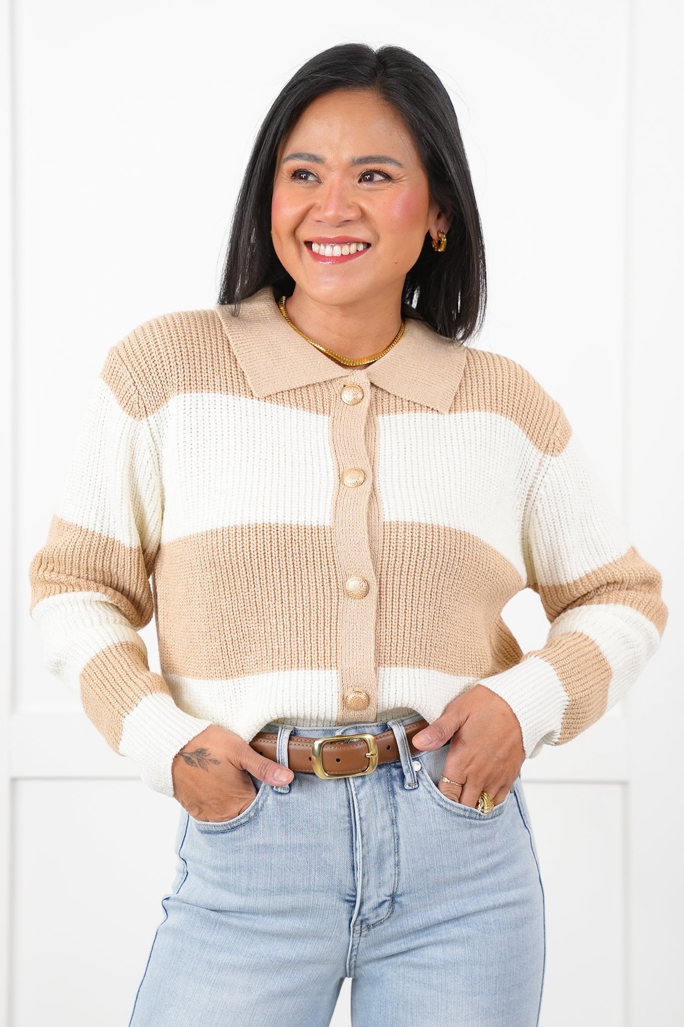 Wide Stripe Long Sleeve Button Down Cardigan