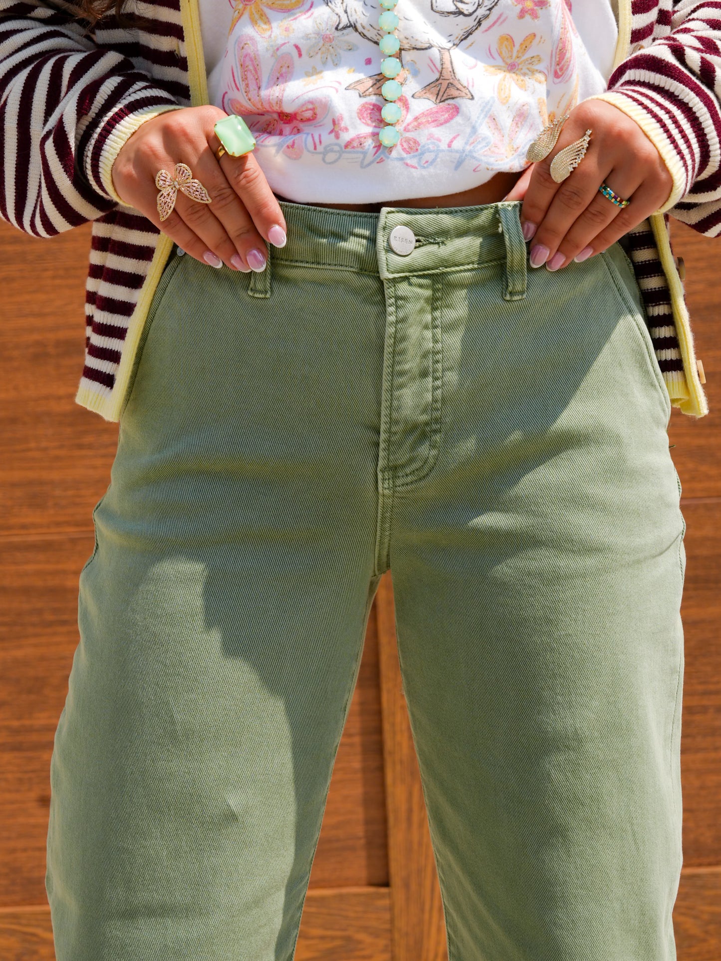 Risen Mid Rise Olive Tummy Control Barrel Jeans - Freckled Poppy