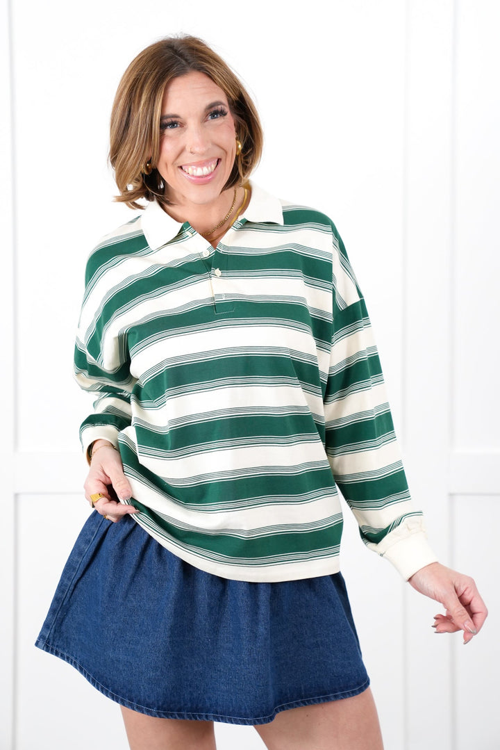 Stripe Long Sleeve Button Up Polo Top