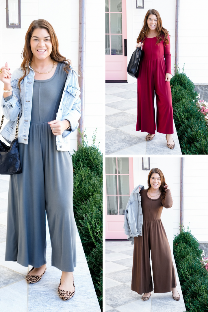 Knit Long Sleeve Wide Leg Jumpsuit