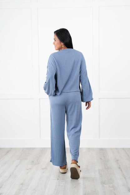 Ribbed Long Sleeve Round Top With Elastic Waistband Lounge Pant Set (Multiple Colors)