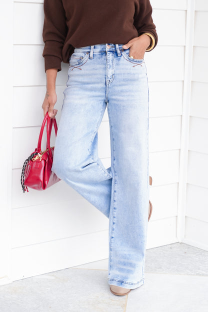 Saige High Rise Light Wash Tummy Control Wide Leg Jeans
