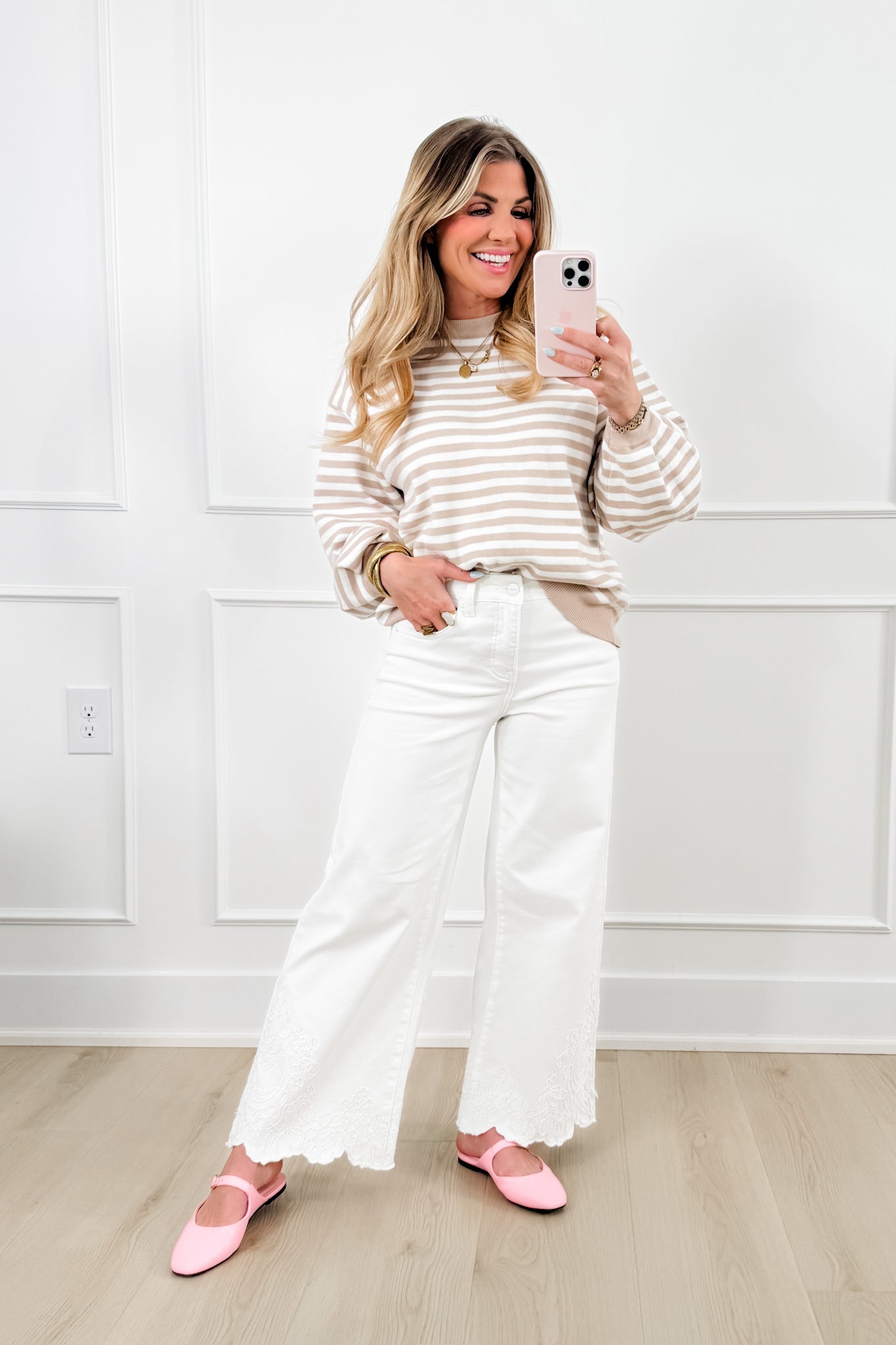 Risen High Rise Cream Wide Leg Embroidered Hem Jeans