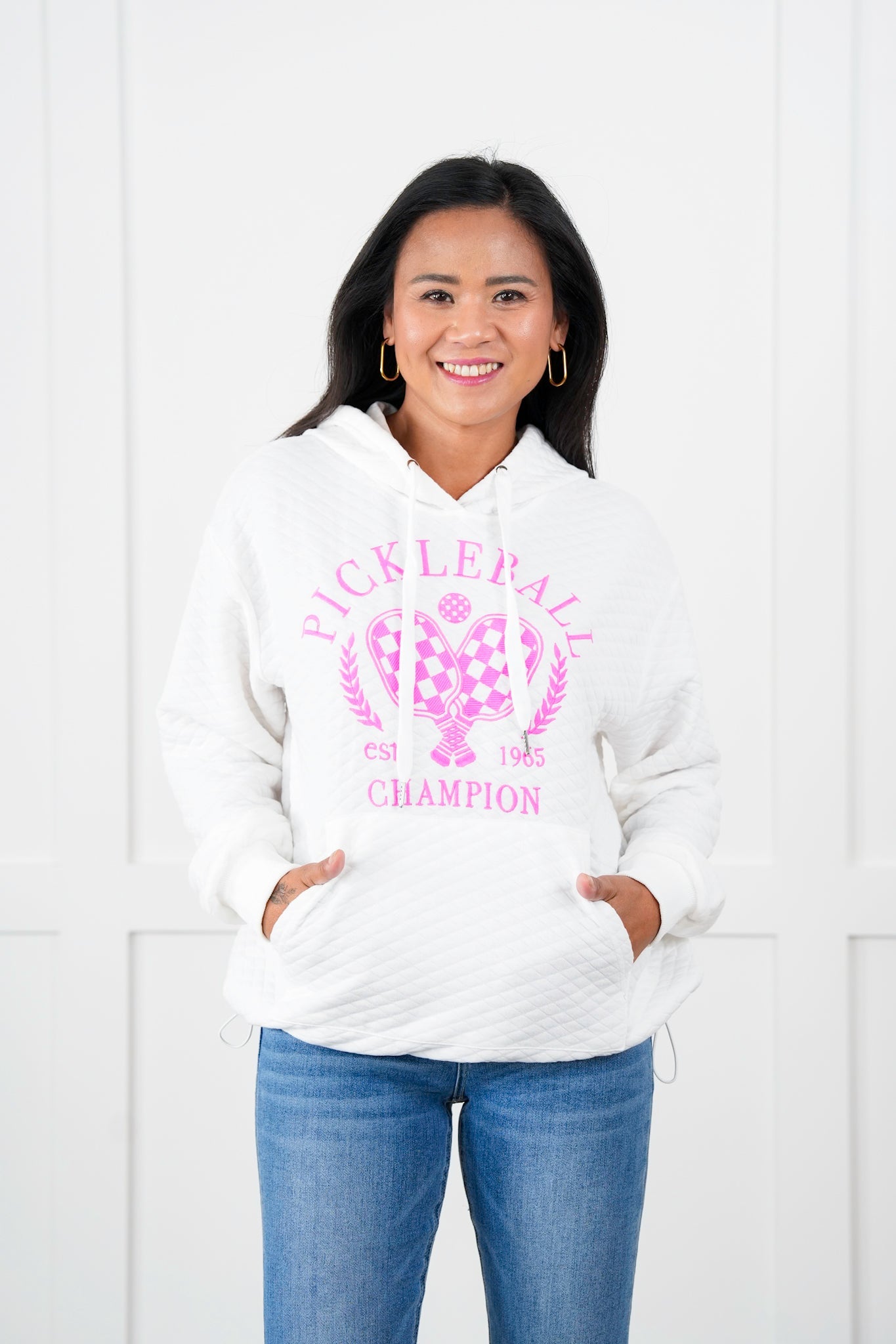 Pickle Ball Embroidered White Quilted Long Sleeve Hoodie