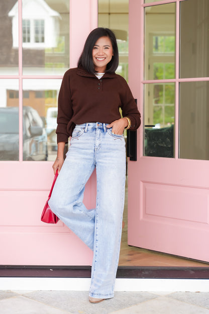 Saige High Rise Light Wash Tummy Control Wide Leg Jeans