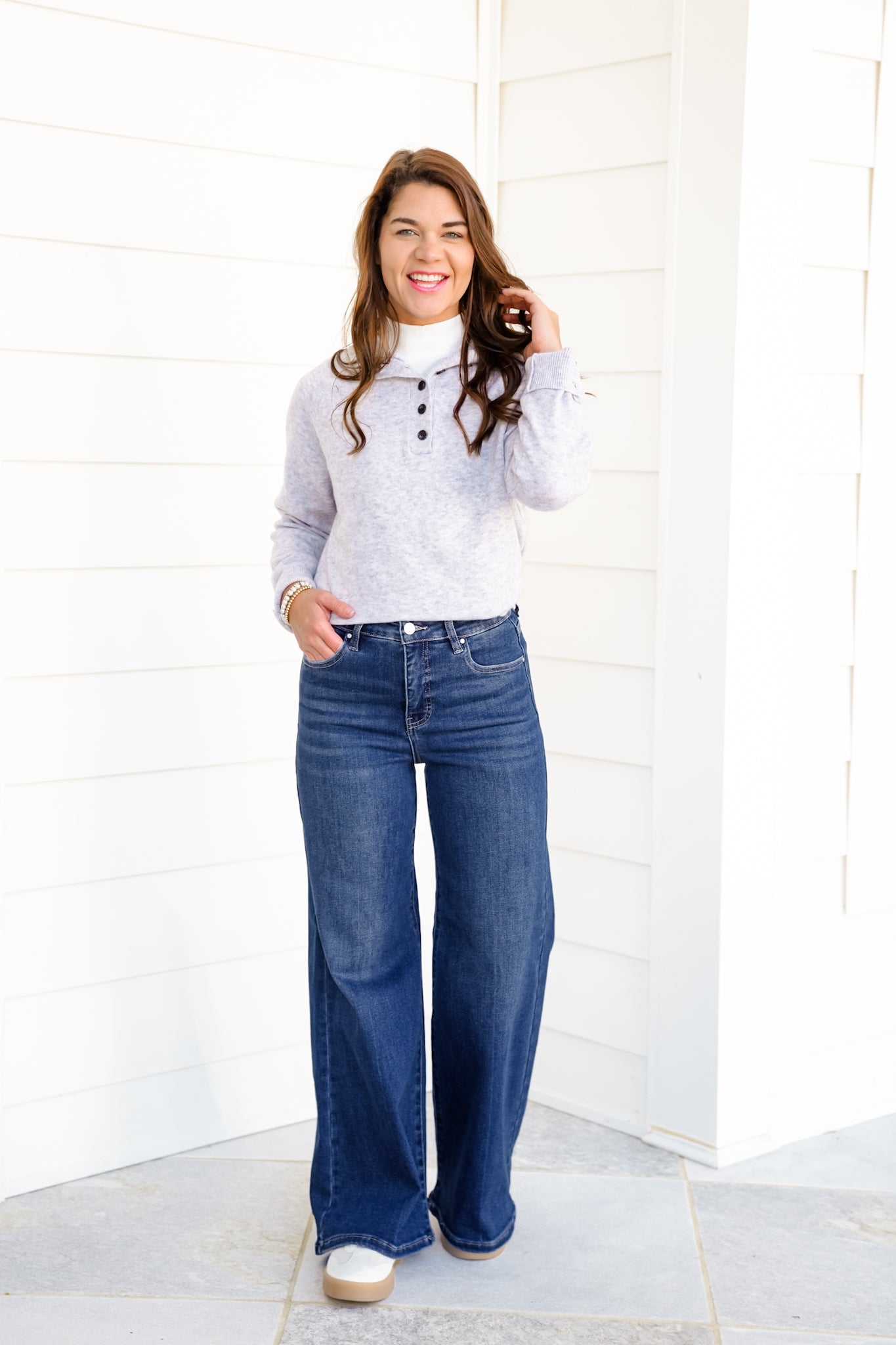 Risen The Opalite High Rise Dark Wash Tummy Control Palazzo Jeans
