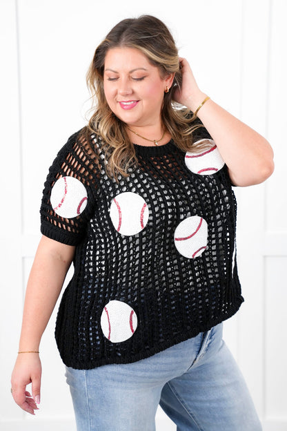 Loose Knit Short Sleeve Sweater with Sequin Baseball Patch Detail