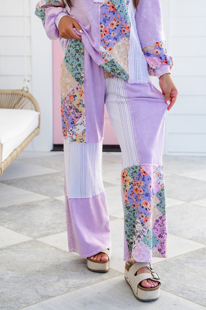 Color Block Floral Elastic Waist Wide Leg Knit Pants with Side Pockets