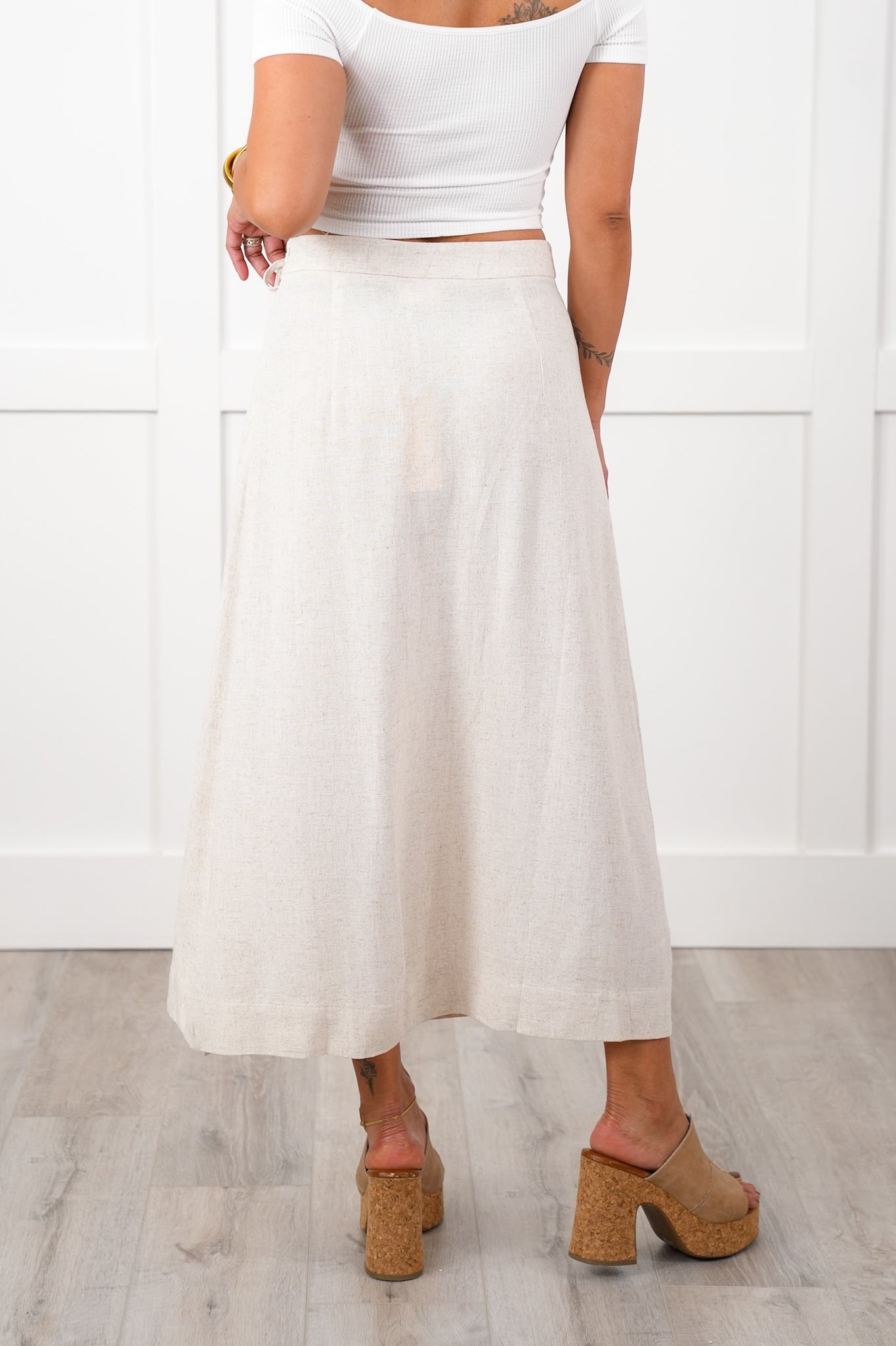 Linen Side Tie Midi Skirt with Front Slit Detail