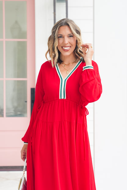 Long Sleeve Drawstring Waist Midi Dress