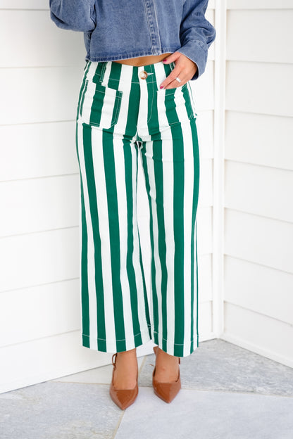 Mica High Rise Green and White Striped Cropped Wide Leg Jeans