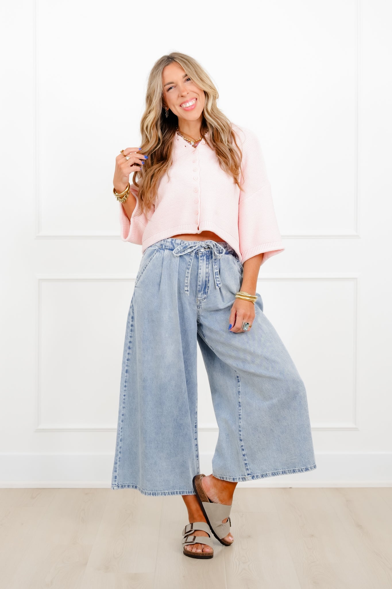 Risen High Rise Light Wash Cropped Wide Leg Tie Belted Jeans