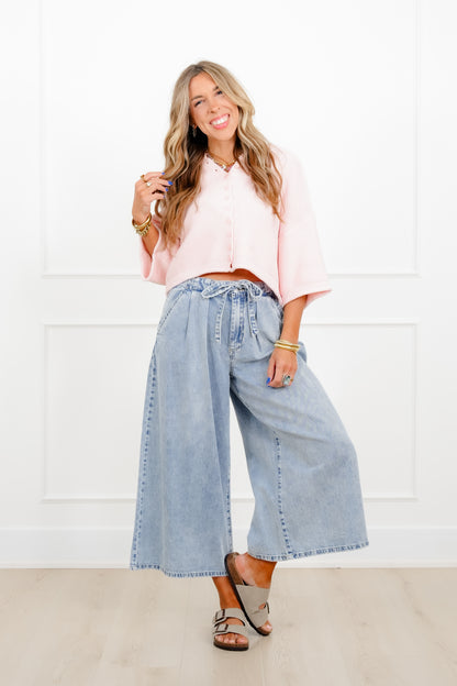 Risen High Rise Light Wash Cropped Wide Leg Tie Belted Jeans