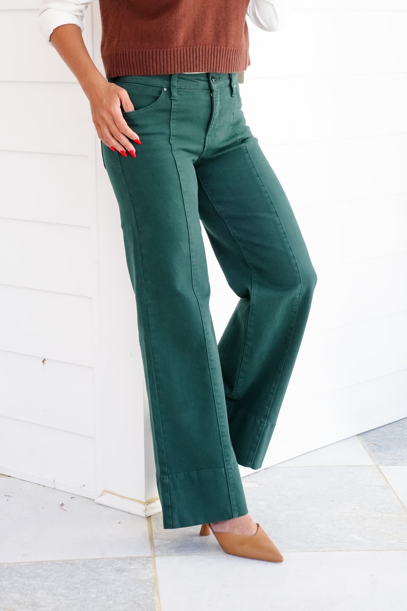 Risen Mid Rise Green Tummy Control Wide Leg Jeans with Large Wide Hem