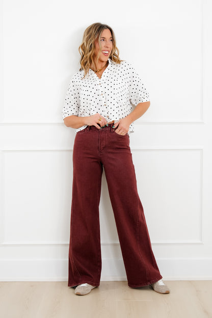 Judy Blue High Rise Burgundy Retro Wide Leg Jeans with Twisted Seams