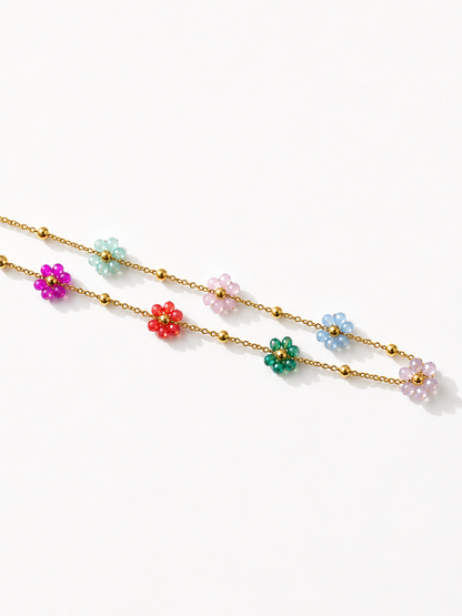 18K Multicolored Glass Flower Beaded Necklace