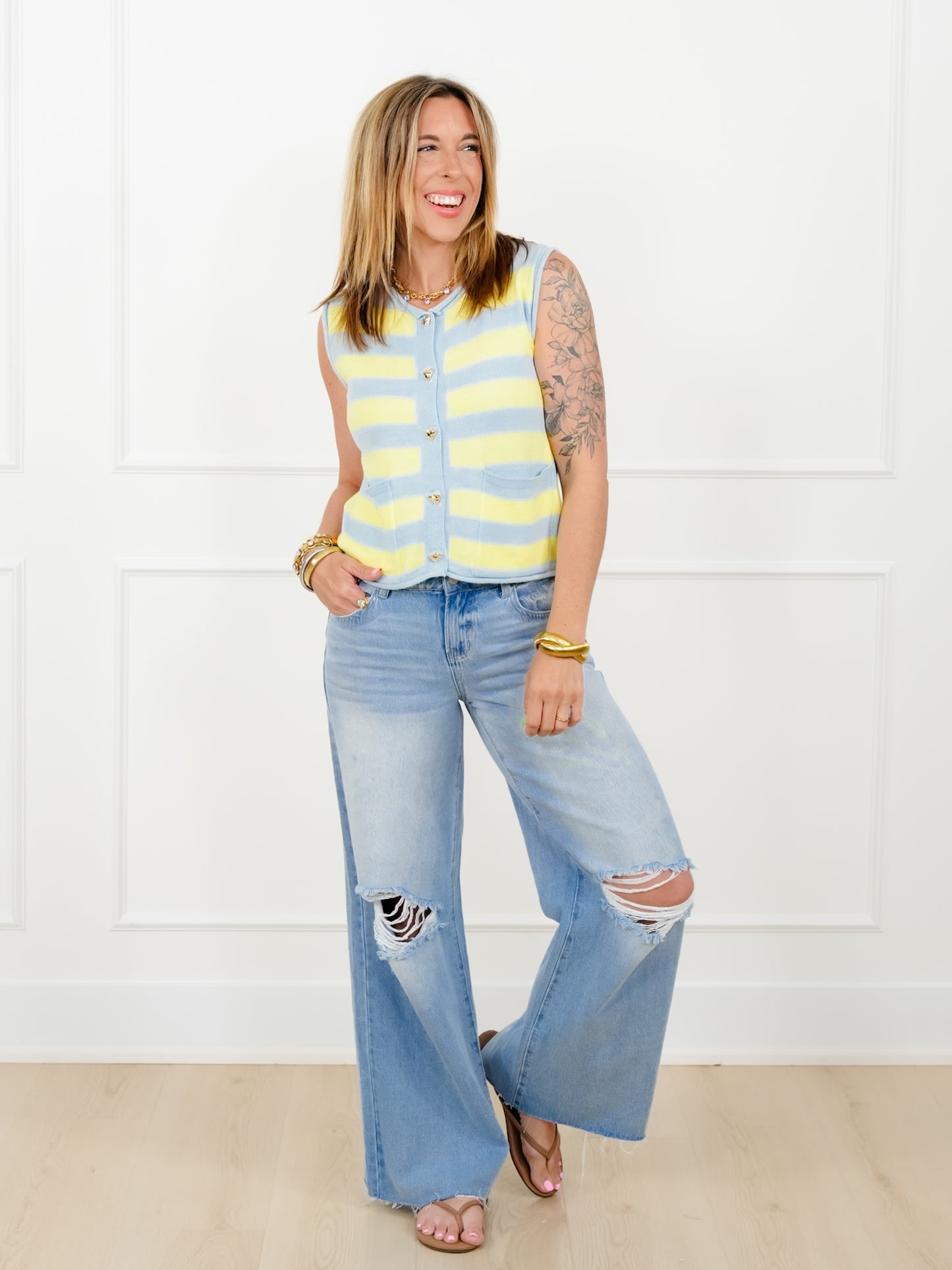 Stripe Sweater Vest with Heart Buttons