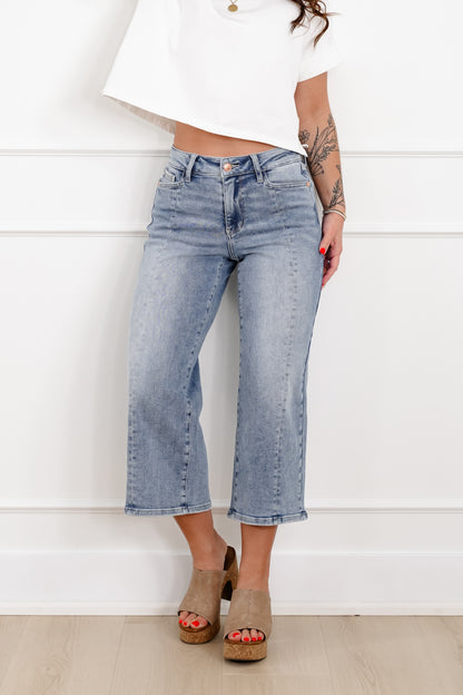 Judy Blue The Carolina Mid Rise Light Wash Crop Wide Leg Jeans with Center Seam