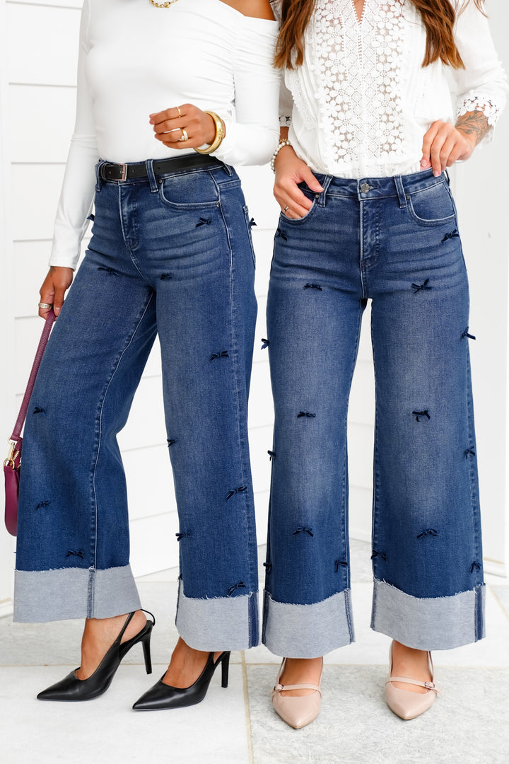 Risen High Rise Dark Wash Tummy Control Crop Wide Leg Jeans with Bows