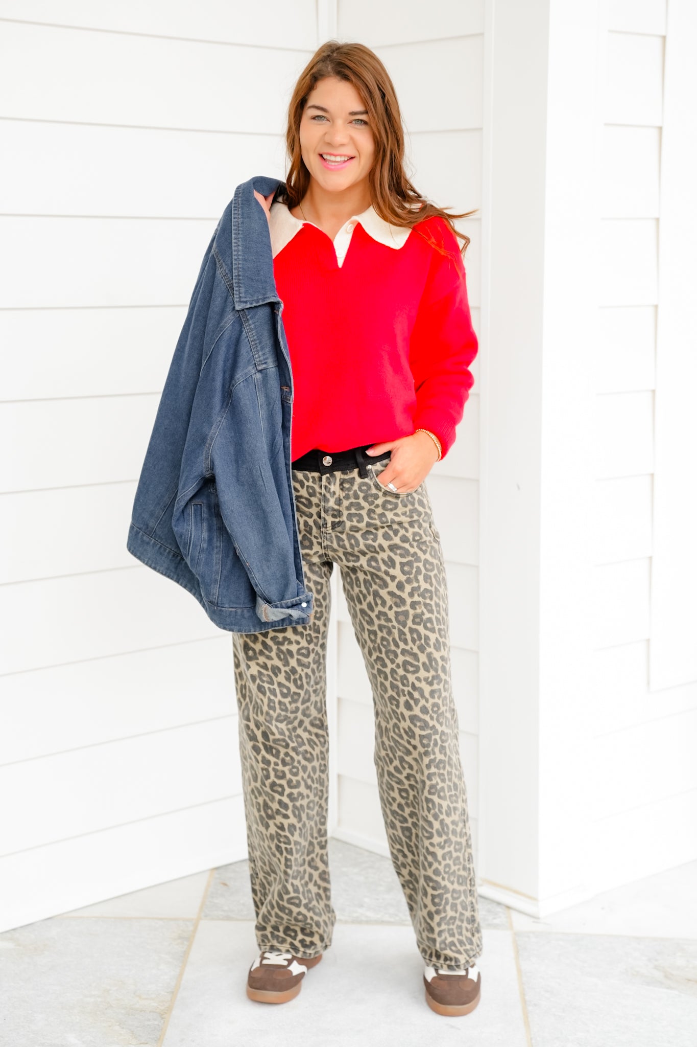 Risen High Rise Leopard Wide Leg Pants with Contrasting Waistband