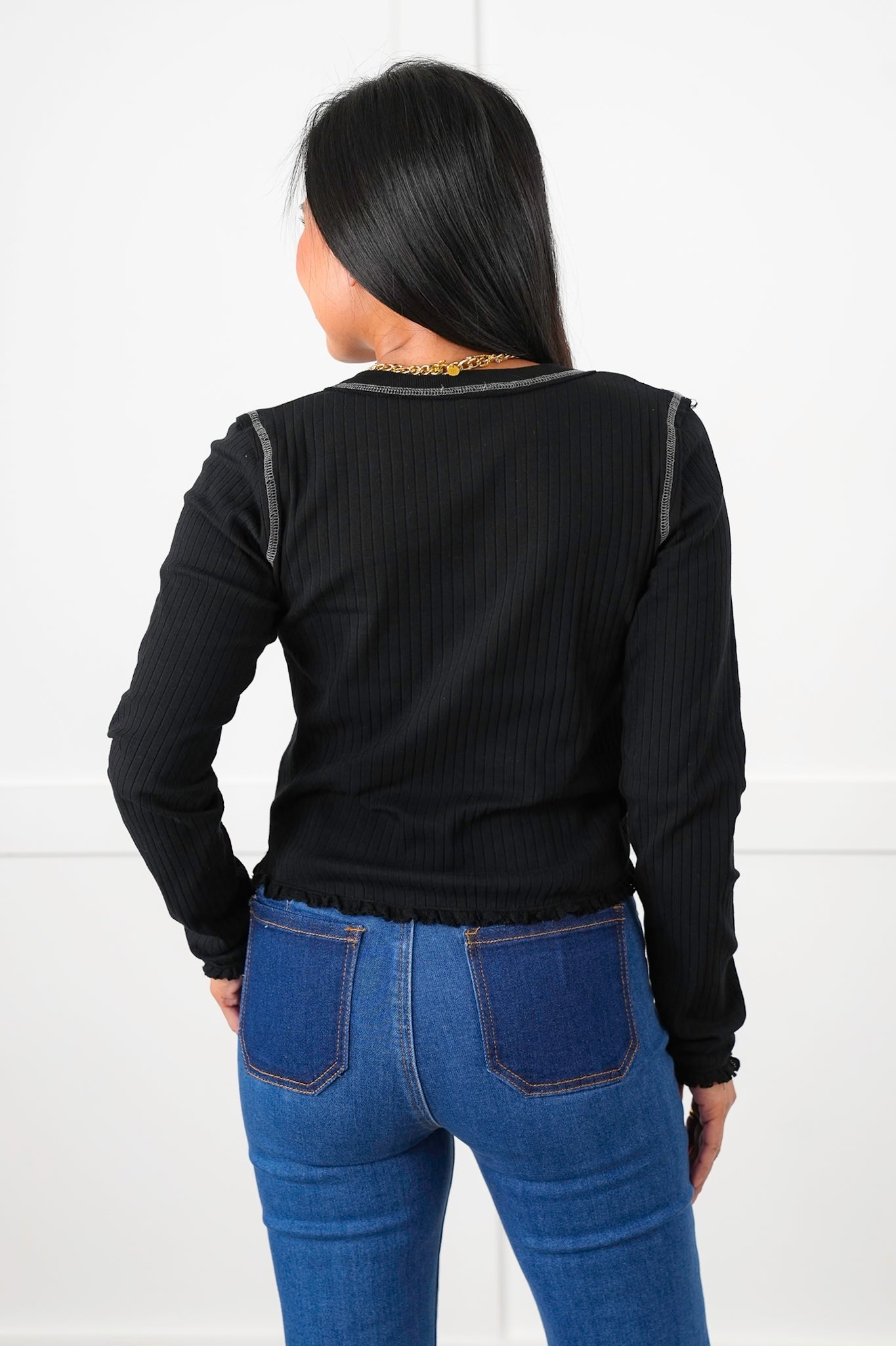 POL Black Ribbed Knit Long Sleeve Button Up Top with Seam Detail