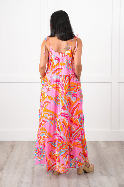 Multi Color Print Sleeveless Tie Shoulder Tiered Ruffle Midi Dress
