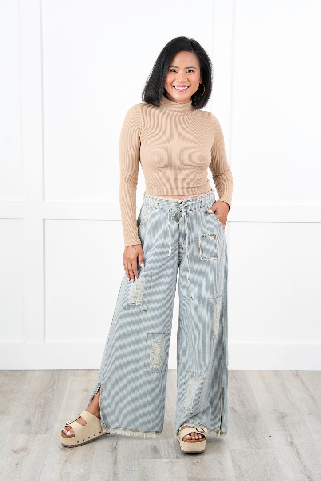 POL Denim Striped Wide Leg Pants With Distressing Detail