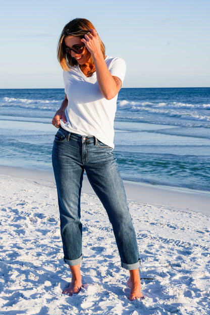 Judy Blue Mid Rise Dark Vintage Wash Non-Distressed Boyfriend