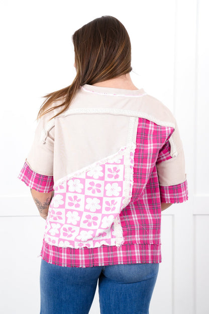 Mixed Print Short Sleeve Top with Lace Trim Detail