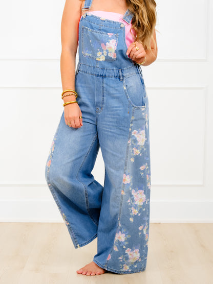 Plus/Reg Light Wash Wide Leg Overalls with Floral Print