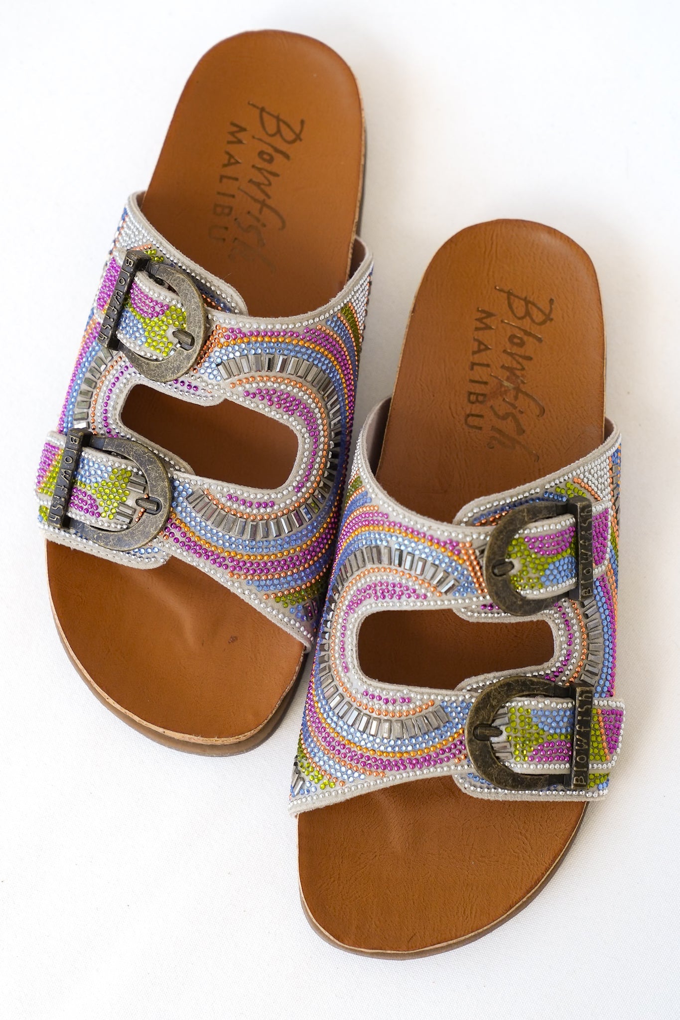Restock! Blowfish Multicolor Embellished Cork Slide Sandals with Adjustable Buckle Detail