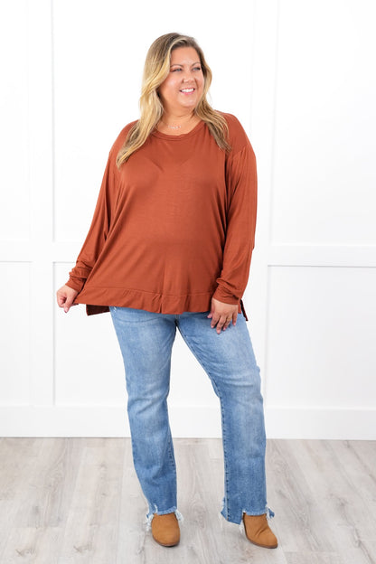 Plus/Reg Solid Long Sleeve Round Neck Knit Top