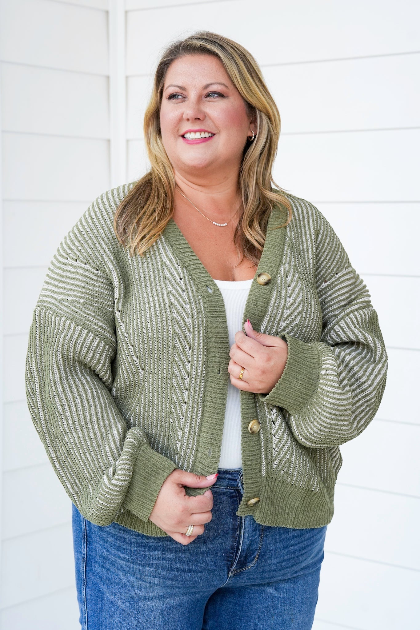 Plus/Reg Two Tone Long Sleeve Button Down Cardigan