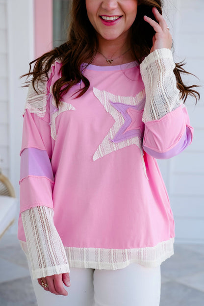 Long Sleeve Round Neck Top with Star Patch Detail