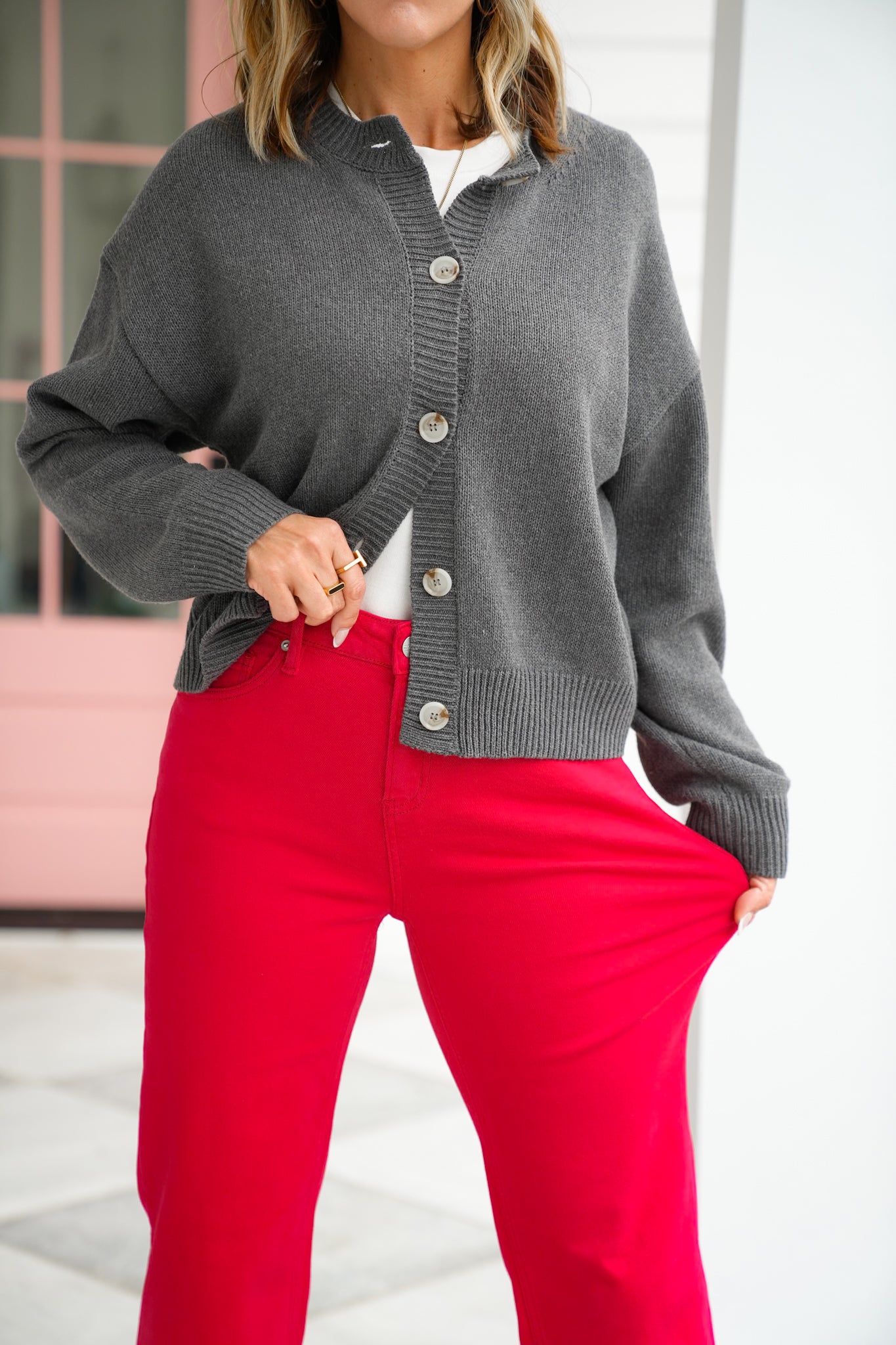 Mica High Rise Red Straight Leg Loose Fit Jeans