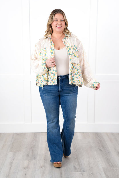 POL Sheer Lace Long Sleeve Button Down Top with Floral Detail
