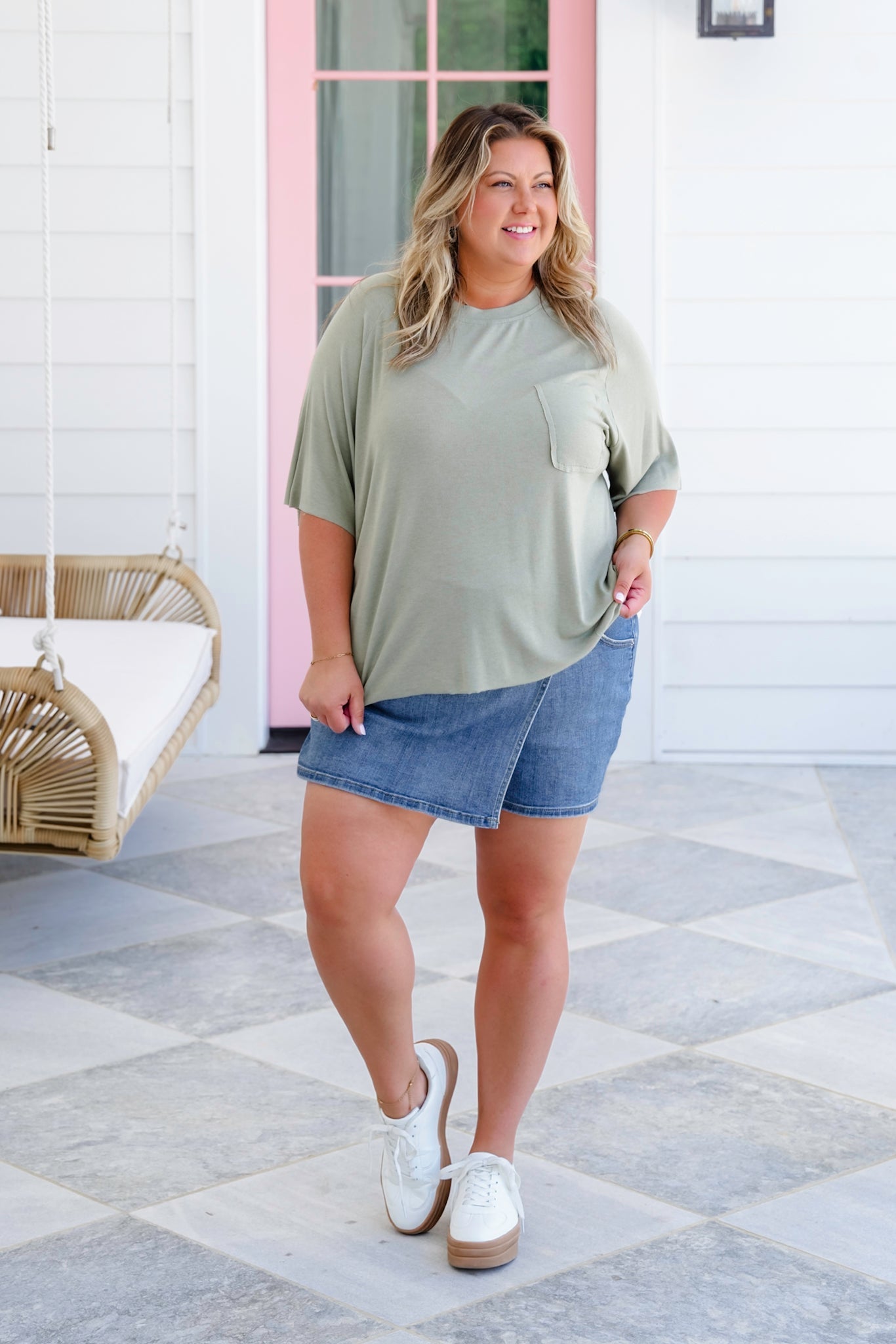 POL Solid Short Sleeve Round Neck Top with Chest Pocket Detail