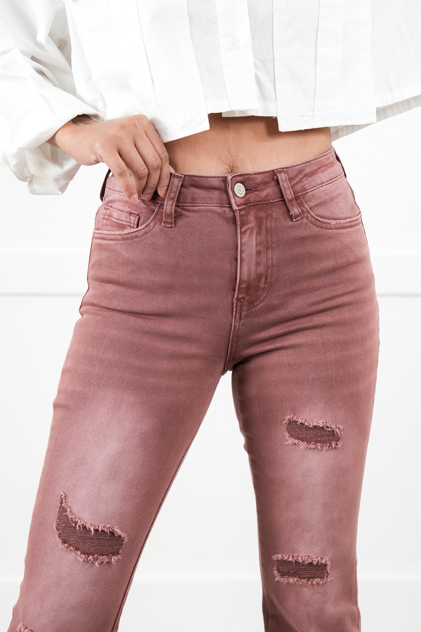 Vervet High Rise Dark Mauve Distressed Bootcut Jeans